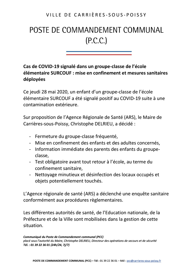 Cas de COVID 19 ECOLE ELEMENTAIRE SURCOUF