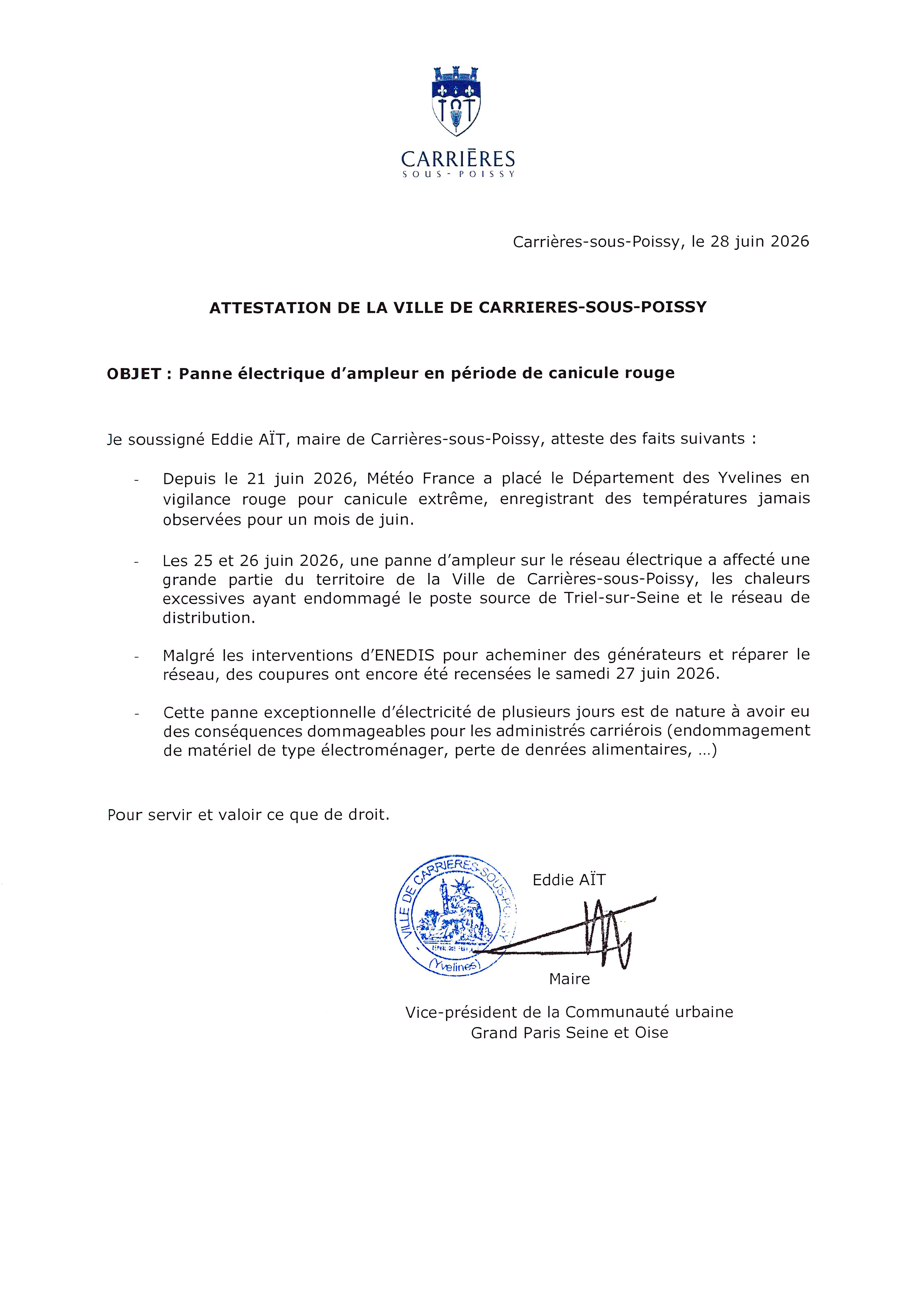 Attestation panne électrique d'ampleur 2026